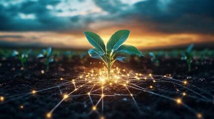 Poster - In a vast field, a young green plant emerges from rich soil. Surrounding it is a network of light, symbolizing technological advances in agriculture during a dramatic sunset.