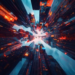 Poster - Urban Digital Nexus, intricately designed cityscape featuring dynamic data streams connecting towering skyscrapers, enhanced by holographic overlays and vibrant atmospheric lighting.