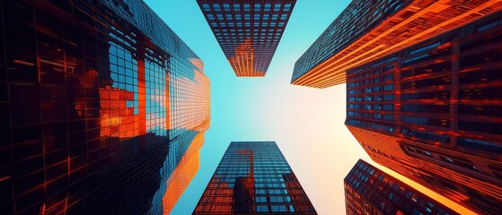 Poster - Urban Nexus, detailed depiction of a vibrant cityscape with digital grids interlinking skyscrapers, data streams, holographic overlays, and atmospheric lighting effects.