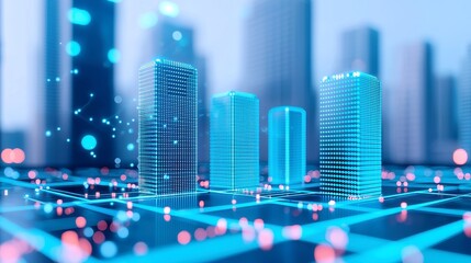 Poster - Urban Nexus, a vivid portrayal of a futuristic cityscape where digital grids connect towering skyscrapers, data flows seamlessly, enhanced by holographic overlays and dynamic colors.