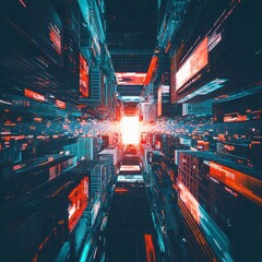 Poster - Urban Nexus, intricate cityscape linked by digital grids, dynamic data streams between towering skyscrapers, ethereal holographic overlays, vivid hues, immersive atmosphere