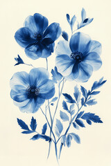Poster - Blue Floral Elegance: A stunning artistic depiction of blue flowers in full bloom, the petals delicately painted with intricate detail. A celebration of beauty and the art of nature.