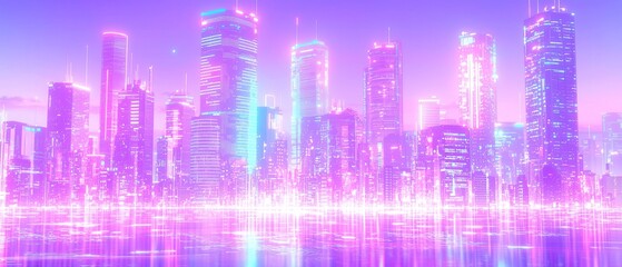 Poster - Futuristic City Skyline with Holographic Data Streams, illuminated buildings and streets, vibrant neon colors, immersive atmosphere, ultra-high definition visual experience