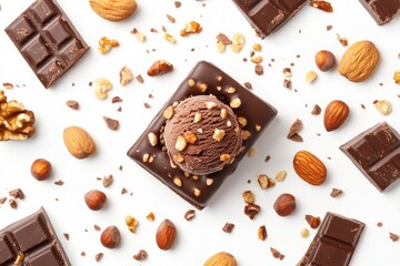 Poster - Delicious chocolate dessert with ice cream and nuts arranged artistically on a white background