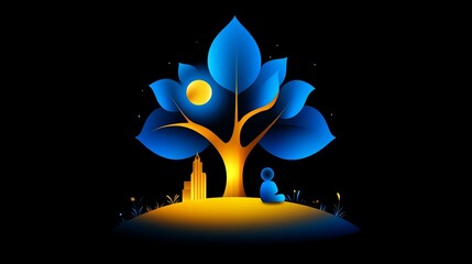 Poster - Stylized blue tree stands prominently on a small hill under a yellow moon, beside a building and a meditating figure on a black background, illuminate