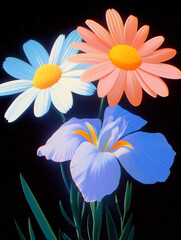 Poster - Abstract Floral Harmony: Three stylized flowers bloom against a dark backdrop, their vibrant colors creating a striking contrast. An artistic celebration of natural beauty and artistic expression.