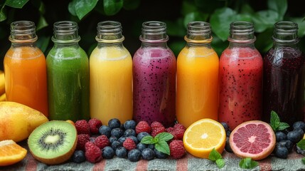 Aufkleber - Seven glass bottles filled with different fruit juices sit side by side on a stone surface. Surrounding the bottles are fresh fruits like kiwi, oranges, and berries, creating a vibrant display.