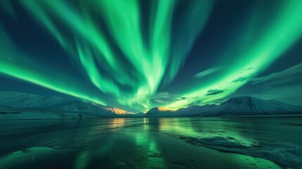 swirling ribbons of aurora stretching across the arctic circle