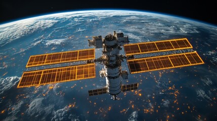 Poster - A spacecraft orbits Earth, utilizing solar panels for energy while transmitting telemetry data. It contributes to astrophysical research by monitoring cosmic radiation and atmospheric conditions.