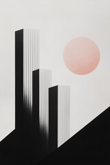 Poster - Abstract Geometric Cityscape: An artistic, minimalist composition featuring abstract geometric shapes suggesting a cityscape with stylized buildings and a celestial element.