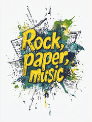 Poster - Rock, Paper, Music: A vibrant illustration explodes with color and artistic energy, showcasing the words 