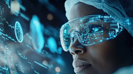 Poster - Woman Wearing Virtual Reality Glasses with Futuristic HUD Interface