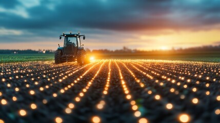 Aufkleber - A tractor operates in expansive agricultural fields, utilizing modern technology to enhance crop selection.