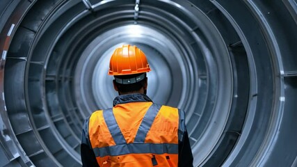 Poster - Industrial Worker in Safety Gear Inspecting Machinery Inside a Circular Tunnel of a Modern Manufacturing Facility