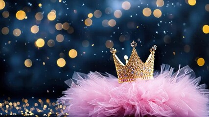Poster - glittering crown and fluffy pink tutu with blurry gold and blue bokeh background for celebrations an