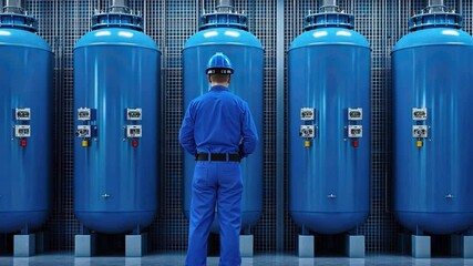 Poster - Industrial worker inspecting blue storage tanks in a modern facility with advanced equipment and technology in a well-lit environment
