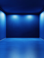 Poster - Sapphire Serenity: A spacious, empty room bathed in a rich sapphire hue, inviting contemplation. Minimalist design with ambient lighting creates a serene atmosphere.