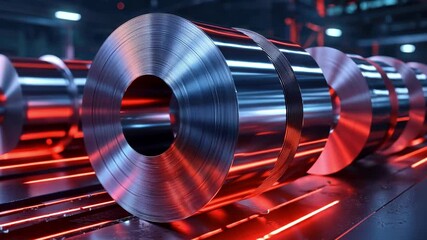 Poster - Close-Up of Industrial Steel Rolls in a High-Tech Factory Amidst Neon Lights and Modern Machinery for Manufacturing and Production Environments