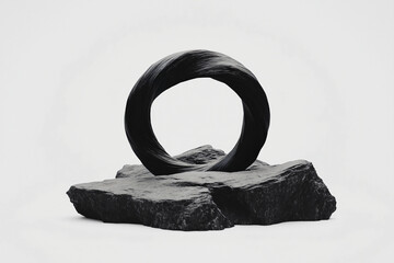 Poster - Elegance in Stone: An abstract sculpture of dark, twisted stone stands on a larger stone, highlighting textures and form. The play of light and shadow enhances the contrast and depth.