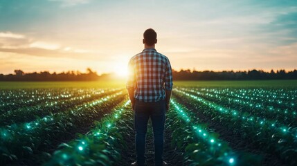 Poster - A farmer observes his lush crops illuminated by innovative technology during a stunning sunset. This moment blends tradition with modernity, showcasing the future of agriculture.
