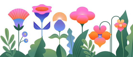 Wall Mural - a collection of artistic colorful flowers in an abstract style. horizontal floral border.