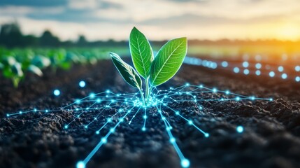 Poster - In a lush agricultural field at sunset, young plants thrive as innovative technology connects with their roots. Advanced methods boost crop selection, showcasing the future of farming practices.