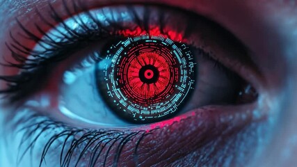 Poster - Futuristic Close-Up of an Eye Displaying Digital Patterns in Red and Blue, Technology Concept of Human-Machine Interface and Advanced Vision Systems