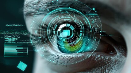 Poster - Futuristic Close-Up of Human Eye with Digital Interface Displaying Data and Technology Concepts in Abstract Style for Science and Innovation Themes