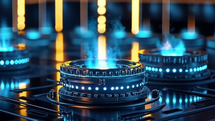 Poster - Futuristic Abstract Technology Concept with Blue Flames and Glowing Circuits in a Dark Environment Presenting Modern Innovation and Energy