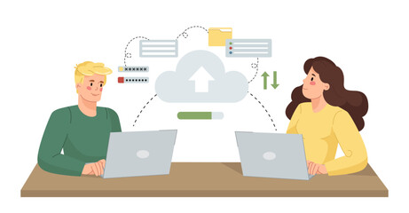 Poster - Two people using laptops exchange data through cloud storage, with upload and download icons. Flat design on a white background. Concept of cloud technology. Vector illustration