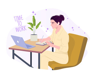 Poster - A woman sits at a desk, writing in a notebook while using a laptop. She wears earbuds and focuses on her task. The background has a motivational phrase. Vector illustration