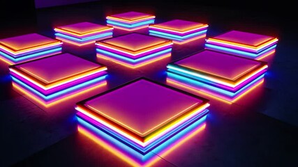 Poster - Neon squares pulsate with vibrant colors, creating an immersive visual experience at a contemporary event, Neon squares moving to the camera, vj video