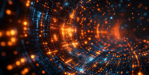 Fototapete - Digital art showcases a quantum computing tunnel filled with glowing particles. The design visualizes concepts like qubits, superposition, and entanglement in a futuristic style.