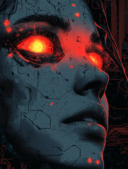 Poster - Cybernetic Gaze: A close-up portrait of a female cyborg with piercing, glowing red eyes. A futuristic and high-tech visual