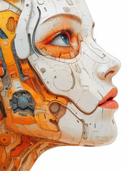 Poster - Cybernetic Beauty: A close-up, artistic illustration of a female cyborg face, seamlessly blending organic features with intricate mechanical components, her eye captures the futuristic blend