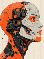 Poster - Cybernetic Profile: An artistic portrayal of a cyborg's face, showcasing intricate mechanical components juxtaposed with a human-like visage, rendered in striking orange, gray, and black hues.