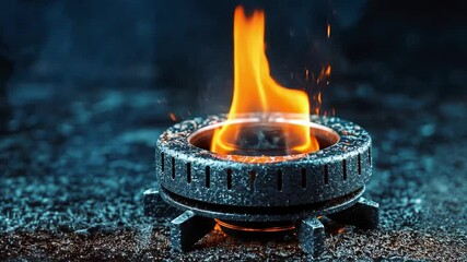 Poster - close-up view of a fire ring flame with blue sparks in a dark background highlighting heat and energ