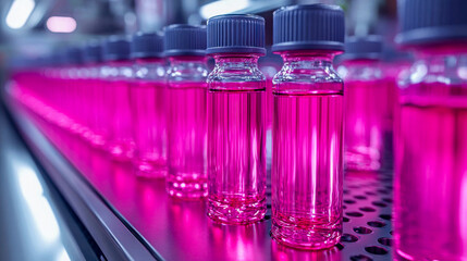Poster - Laboratory glass vials filled with vibrant pink liquid, arranged in a row on a metallic surface, reflecting light in a research setting