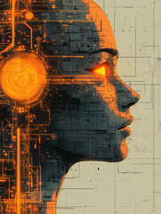 Poster - Digital Soul: An artistic rendering of a female face fused with circuit board elements, illuminated by glowing eyes, exploring the intersection of humanity and technology.