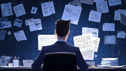 Poster - Young professional seated in modern office, analyzing multiple papers and documents, surrounded by wall of sketches and notes, deep focus and concentration