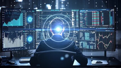Poster - Business professional analyzing financial data on multiple screens in a modern office equipped with high-tech monitors displaying stock market trends and graphs