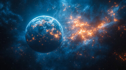 Poster - A futuristic view of Earth glowing with lights in deep space, surrounded by cosmic nebulae and star clusters
