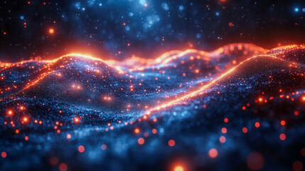 Poster - Futuristic digital landscape with glowing blue and orange lights forming a wave-like pattern