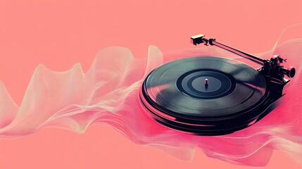 Wall Mural - a modern turntable with abstract wavy lines and a pink background