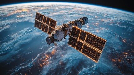 Poster - The spacecraft orbits Earth, utilizing solar panels to harness energy while transmitting crucial telemetry data. Vibrant lights from the planet below contrast with the cosmic backdrop.