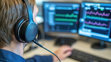 Aufkleber - person analyzing data on dual monitors with headset in office environment