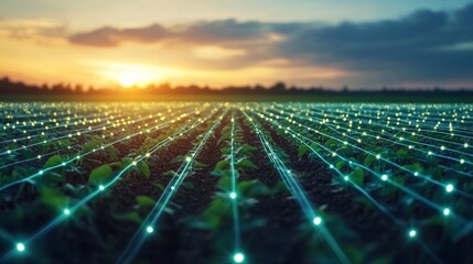 Poster - Rows of crops stretch across the vast fields, enhanced by glowing lines of technology that highlight modern agricultural practices. The warm sunset casts a golden hue over the landscape.