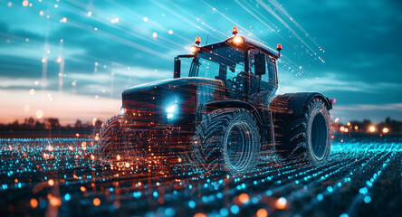 Poster - A modern tractor operates in vibrant, illuminated fields as the sun sets on the horizon.