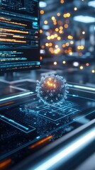 Poster - 3d model of virus with digital interface in modern laboratory setting