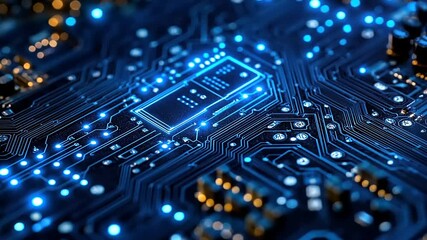 Close-up view of a glowing microchip on a circuit board, showcasing intricate connections and technology